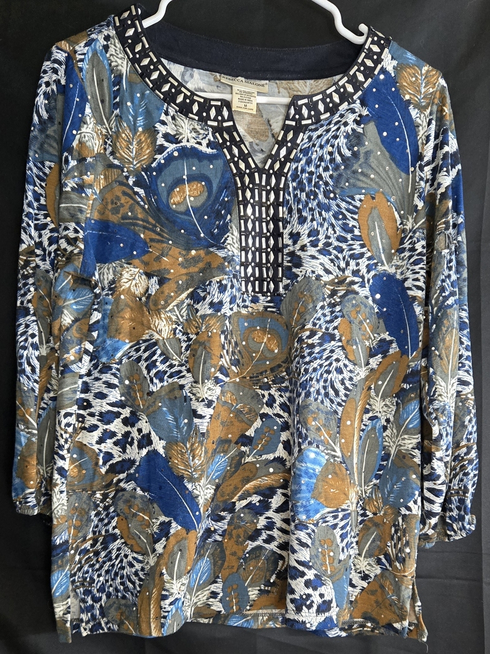 Rebecca Malone Blue, Gold & Gray Printed Peasant Tunic #569